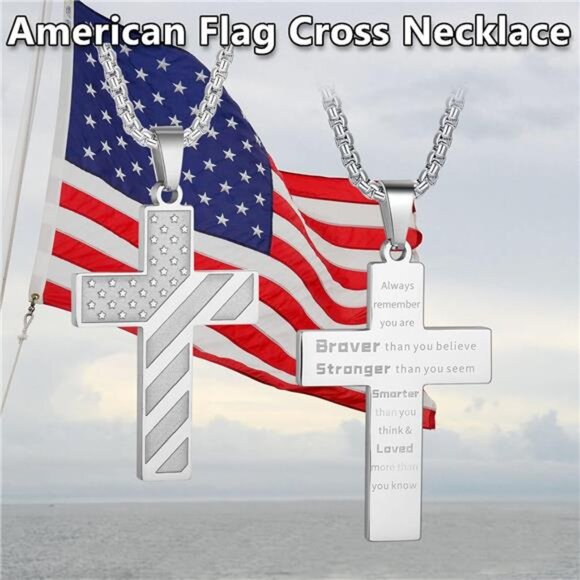 Silver American Flag Cross Necklace for Men Stainless Steel Box Chain 22+2 inch - Picture 5 of 6